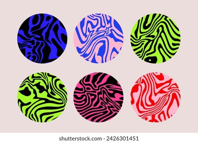 Conjunto de círculos coloridos con patrón psicodélico ondulado. Colección de elementos abstractos modernos para póster, portada, diseño de logotipo.