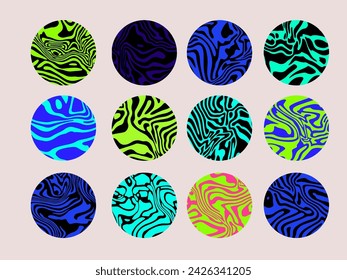 Conjunto de círculos coloridos con patrón psicodélico ondulado. Colección de elementos abstractos modernos para póster, portada, diseño de logotipo.