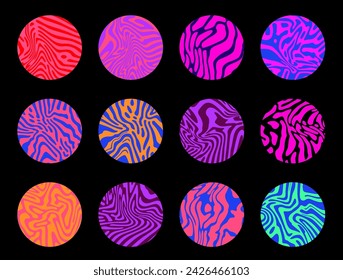 Set of colorful circles with wavy psychedelic pattern. Collection of abstract modern elements for poster, cover, logotype design.