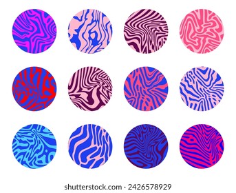 Set of colorful circles with wavy psychedelic pattern. Collection of abstract modern elements for poster, cover, logotype design.
