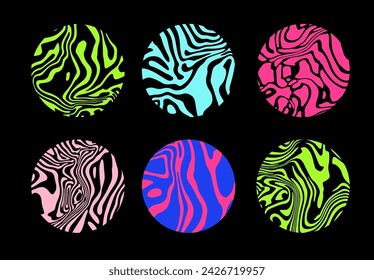 Set of colorful circles with wavy psychedelic pattern. Collection of abstract modern elements for poster, cover, logotype design.