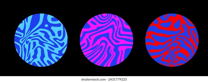 Set of colorful circles with wavy psychedelic pattern. Collection of abstract modern elements for poster, cover, logotype design.