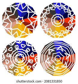 Conjunto de adornos de diseño de arcoiris colorido circular. Para Motivos Resumen Modernos. Decoración cerámica, Batik, Alfombra, Paraguas, Ropa, Moda, Textil y Bandana. Vector de símbolos flor y sol