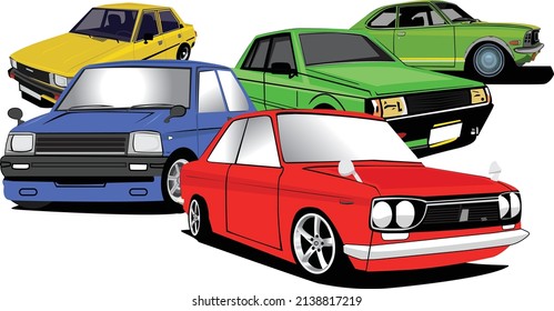 set of colorful classic cars. retro car vector illustration. isolated white background.