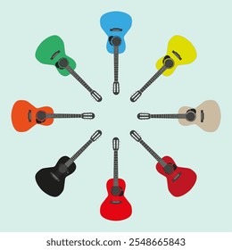 Set of colorful Classic guitars arrang in circle vector on isplated blue background. A groups of color guitars icon on light blue background