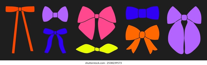 Set of colorful classic ribbon bow on black background. Holiday bowknot for present. Modern flat vector illustration