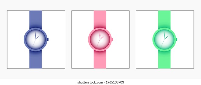 A set of colorful classic wristwatches, blue, pink and green watches for the family: for men, women, children. Vector illustration of a flat, the time on the dial, the hands of the clock. For design.