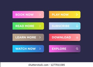 Set of Colorful clean style buttons vector modern material. Different gradient colors and icons on dark blue forms with shadows