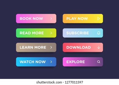 Set of Colorful clean style buttons vector modern material. Different gradient colors and icons on dark blue forms with shadows
