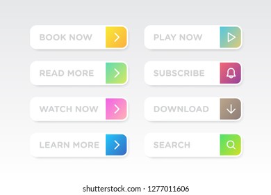 Set of Colorful clean style buttons vector modern material. Different gradient colors and icons on white forms with shadows