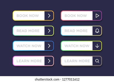 Set of Colorful clean style buttons vector modern material. Different white and gradient colors icons on dark blue forms with shadows