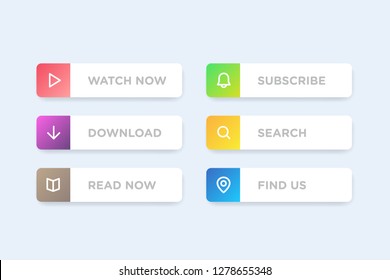 Set of Colorful clean style buttons vector modern material. Different gradient colors and icons on white forms with shadows