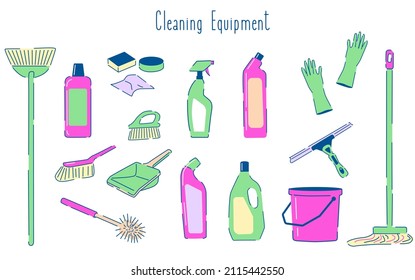 Set of colorful cleaning equipment. Household chemicals, sponges, brushes, and other supplies for cleaning.