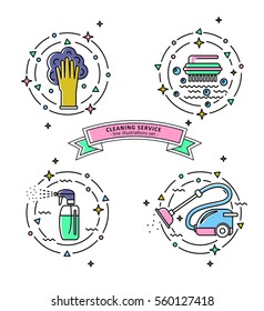 Set of colorful cleaning service illustrations. Different cleaning tools in line art style.