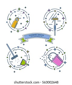 Set of colorful cleaning service illustrations. Different cleaning tools in line art style.