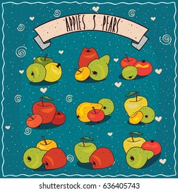 Set of colorful clip art of fruit groups, apples and pears of different sizes, shapes and colors. Hand drawn in comic style. Lettering on ribbon. Vector illustration