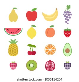 Set of colorful clipart fruits. Fruit icons set. Collection of clip art fruit icons. Pear, apple, watermelon, lemon, banana, strawberry, raspberry, pineapple, kiwi, cherry, peach, pomegranate, avocado