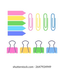 Conjunto de clipes coloridos e clipe de papel. Os clipes são de cores e tamanhos diferentes. Ilustração vetorial em estilo plano