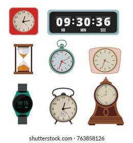 Set of colorful clock in flat style. Collection of clock and watch, digital and vintage. Vector illustration