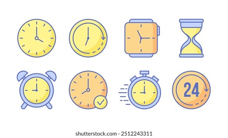 Set of colorful clock and time icons with editable stroke. Vector illustration