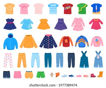 Set of colorful clothes for children. Dresses, pants, whispers, sweaters, T-shirts. Vector illustration