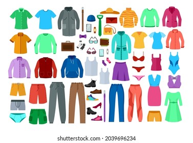 Set bunte Kleidung für Männer und Frauen. Cartoon, Vektorgrafik. Männliche und weibliche Kleidung als Jacken, Hemden, Pullover, Kleider, Hosen, Jeans, Unterwäsche. Mode, Outfit, Accessoires-Konzept