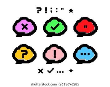 set of colorful cloud bubble icon with question, check, cross mark. modern retro trendy pixel art decoration elements vector illustration for game or any template