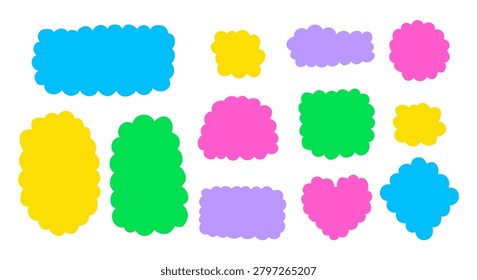 Set of colorful clouds and stickers with speech bubbles isolated on white background. Bright solid vector elements for children's design, school banners, sales and creative text frames.