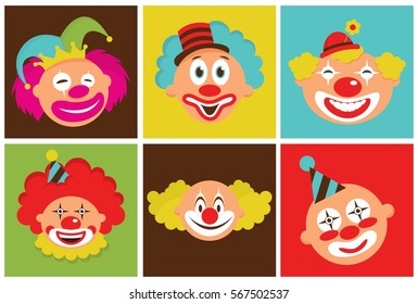 Set Of Colorful Clown Heads. Vector Illustration