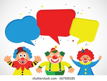 set of colorful clowns with speech bubbles. vector illustration