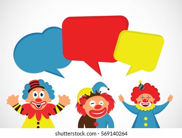 set of colorful clowns with speech bubbles. vector illustration