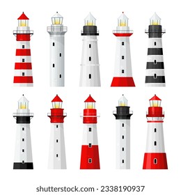 Set of colorful coastal Lighthouses in flat design