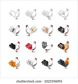 Set of colorful cocks. Birds with bright and white feathers. Vector isolated objects