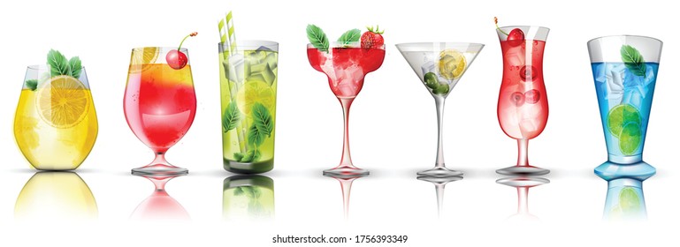 Set of colorful cocktails. Bright colors. Citrus and berries toppings. Vector