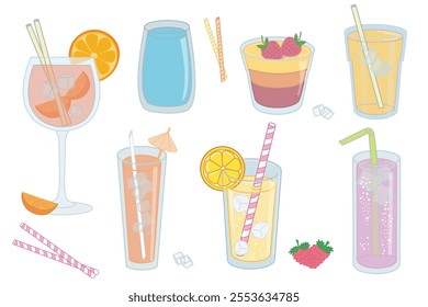 Set of colorful cocktails and drinks with ice, fruits, and straws, perfect for summer designs