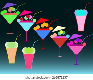 set of colorful cocktails with umbrellas and straws, martinis and other