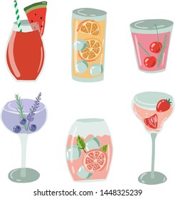 Set of colorful coctails with ice and fruits, berries, mint. Bright summer coctails