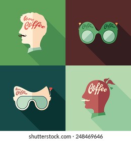 Set of colorful coffee flat square icons with long shadows.