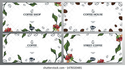 Set of Colorful Coffee Sketch banners with coffee beans and leaves for poster or another template design