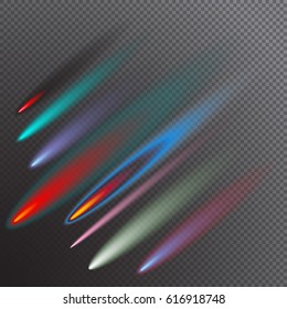 Set of Colorful comets on transparent background. Meteorite. Different color. Dynamic shapes. Diagonal position. Isolated vector design objects.