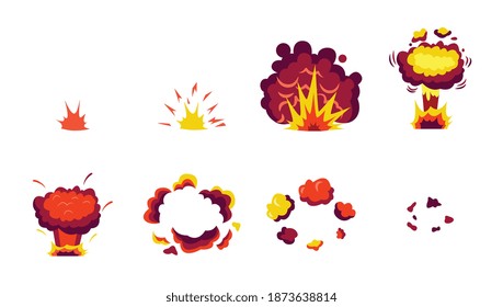 Conjunto de coloridos efectos de explosión de historietas bomba, ilustración vectorial de caricatura plana aislada en fondo blanco. Llama y destello de la colección de símbolos de explosión de bombas.