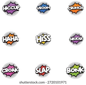 Eine Reihe von bunten Comic-Soundeffekt-Textblasen mit Wörtern wie Schluckauf, Vroom, Crunch, Haha, Hiss, Squeak, Croak, Slap und Bonk im Retro-Pop-Art-Stil für Cartoons und Grafikdesign.
