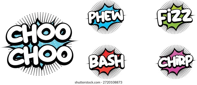 Conjunto de bolhas coloridas de texto de efeitos sonoros cômicos com palavras como Choo Choo, Phew, Fizz, Bash e Chirp em estilo pop-art retrô para desenhos animados e design gráfico.