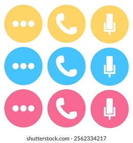 Set of colorful communication icons including phone, microphone, and chat bubble symbols. Perfect for mobile apps, UI UX design, social media, and messaging platforms. Minimalistic vector style