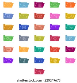 Set of colorful computer folders with different signs. Information storage