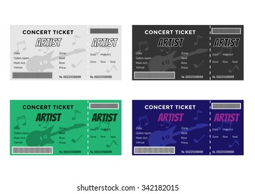 Set Of Colorful Concert Tickets With Guitar And Musical Notes. Vector Illustration EPS8.