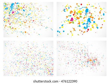 Set of colorful confetti isolated on white background. Collection, abstract background with many splattered falling round confetti pieces. Confetti random pattern made of calligraphy ink drops bundle.