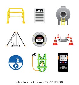 Set of colorful confined space work icon, sign and symbol. Industrial, construction and manufacture work safety graphic resources.