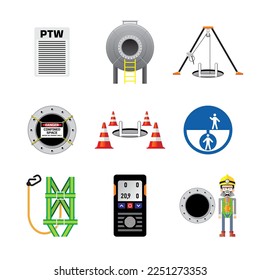 Set of colorful confined space work icon and symbol. Industrial, construction and manufacture work safety equipment.