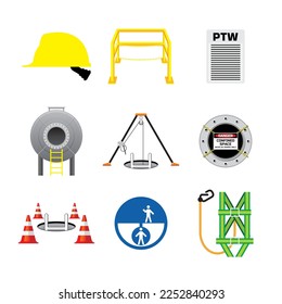 Conjunto de coloridos ícono de trabajo espacial confinado, signo y símbolo para la seguridad industrial, de construcción y de trabajo de fabricación. Medidas de protección para trabajos peligrosos.